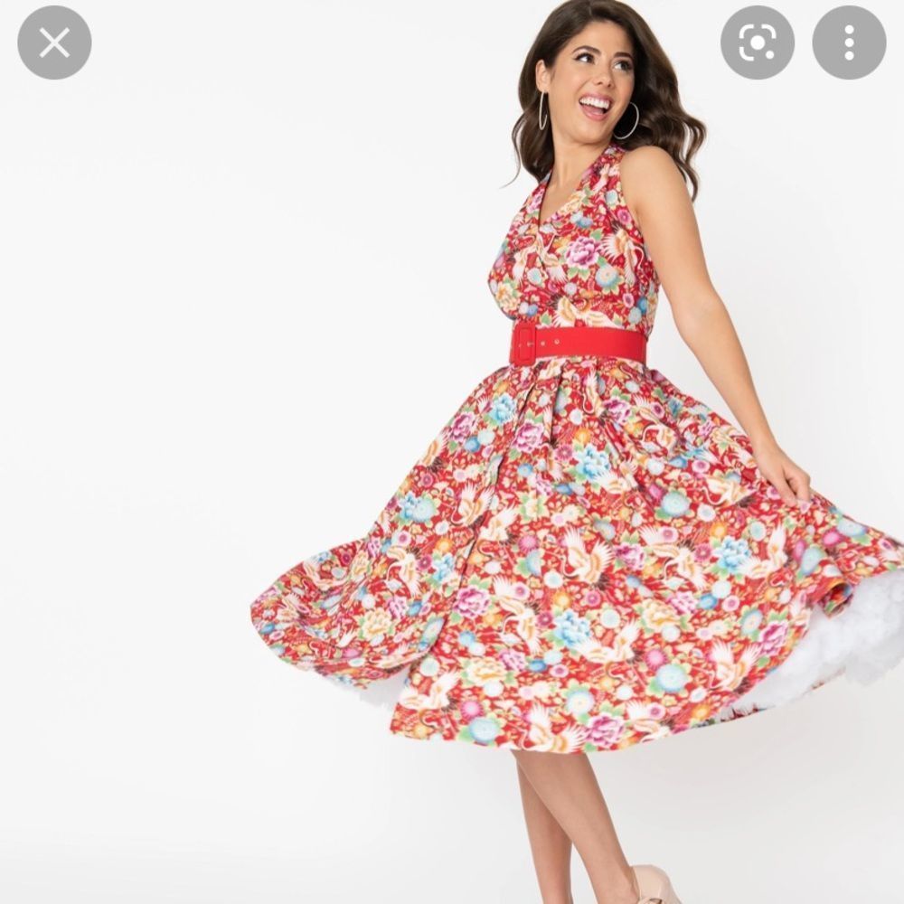 NEW Unique Vintage Red  Floral Halter Dress | Size M